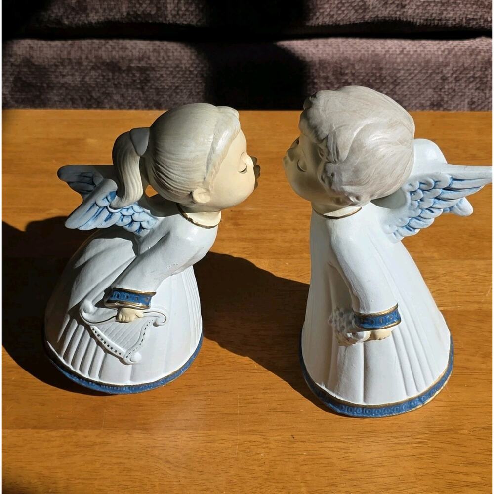 2 Vintage Kissing Angels Boy & Girl figures Music Box Japan 9.5" Christmas Decor